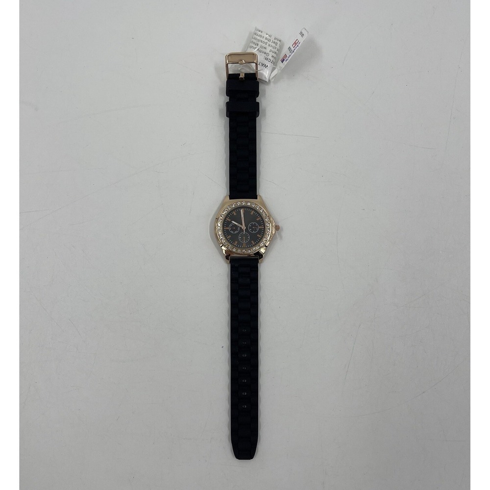 Women's Rose‎ Gold Tone Claire's watch, Black Poly Band Crystal Accents